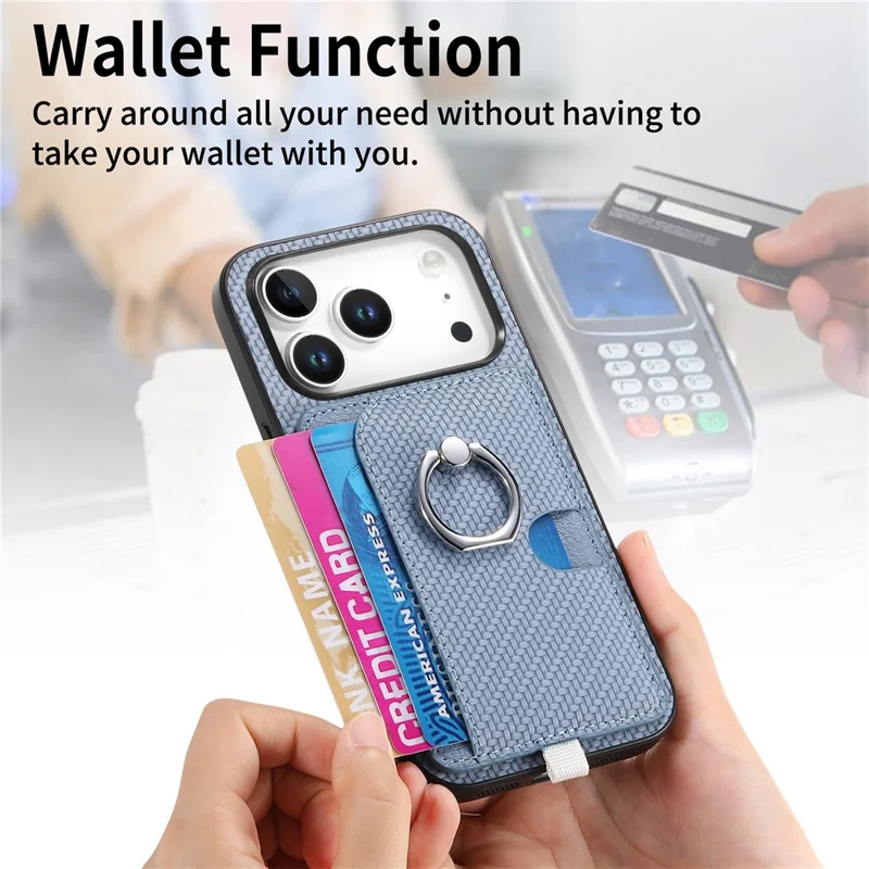 For iPhone 17 Pro Max Case Ring Kickstand Leather Back Cover with Magnetic Detachable Card Holder - Blue