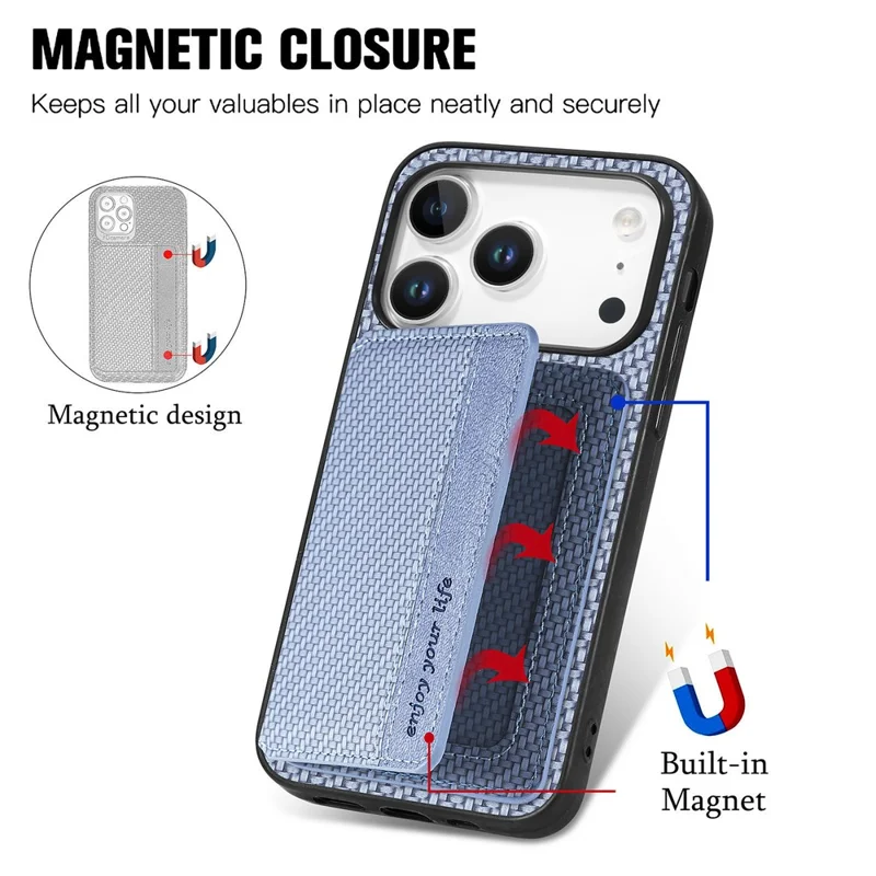For iPhone 17 Pro Max Case RFID Blocking Carbon Fiber Leather Phone Back Cover with Card Holder - Blue