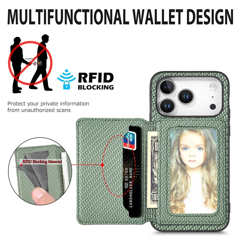 For iPhone 17 Pro Max Case RFID Blocking Carbon Fiber Leather Phone Back Cover with Card Holder - Blue