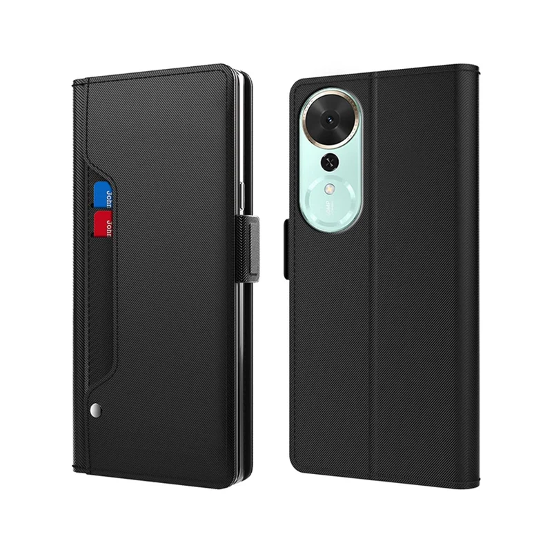 For Honor Play 70 Plus 5G Case Stand PU Leather Phone Cover Card Holder Mirror - Black
