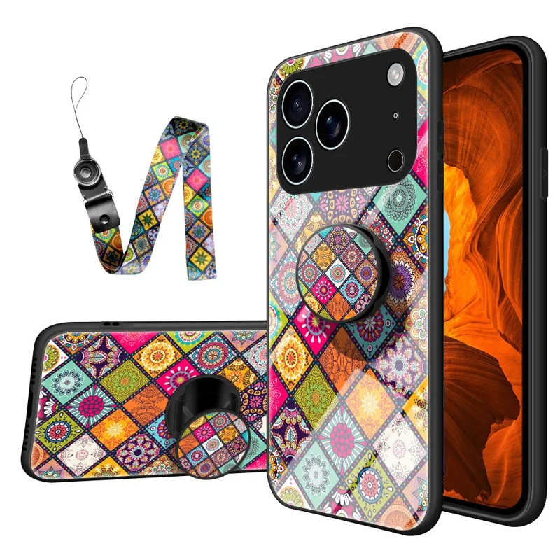Hoesje voor iPhone 17 Pro Max met Standaard, Etnisch Patroon, Gehard Glas Telefoonhoesje met Strap - Kleurpatroon