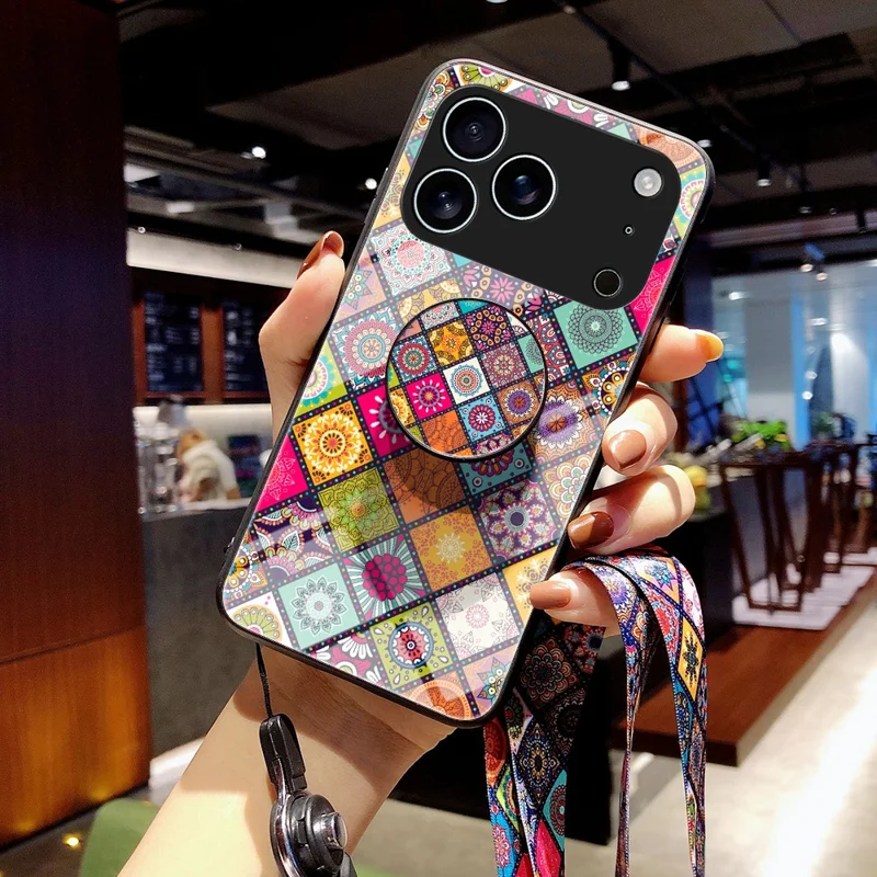 Hoesje voor iPhone 17 Pro Max met Standaard, Etnisch Patroon, Gehard Glas Telefoonhoesje met Strap - Kleurpatroon
