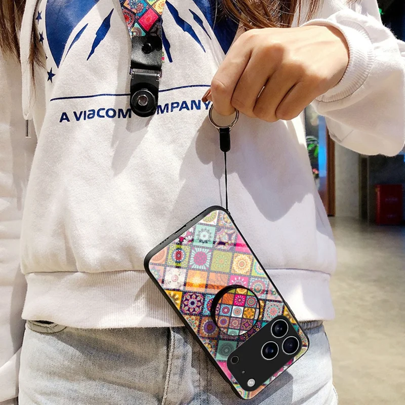 Hoesje voor iPhone 17 Pro Max met Standaard, Etnisch Patroon, Gehard Glas Telefoonhoesje met Strap - Kleurpatroon