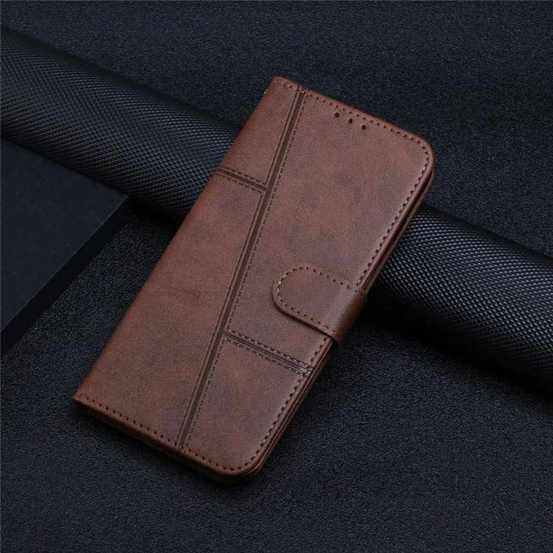 For Samsung Galaxy A23e / A23s Stitching PU Leather Stand Case Shockproof Wallet Inner TPU Phone Cover with Strap - Brown