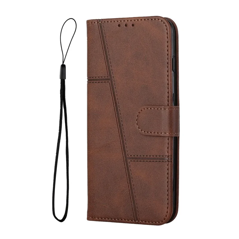 For Samsung Galaxy A23e / A23s Stitching PU Leather Stand Case Shockproof Wallet Inner TPU Phone Cover with Strap - Brown