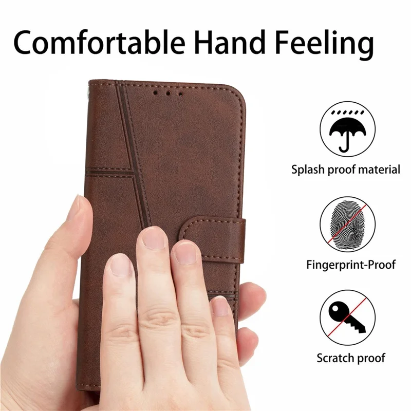 For Samsung Galaxy A23e / A23s Stitching PU Leather Stand Case Shockproof Wallet Inner TPU Phone Cover with Strap - Brown