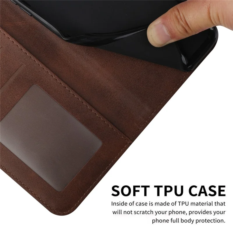 For Samsung Galaxy A23e / A23s Stitching PU Leather Stand Case Shockproof Wallet Inner TPU Phone Cover with Strap - Brown