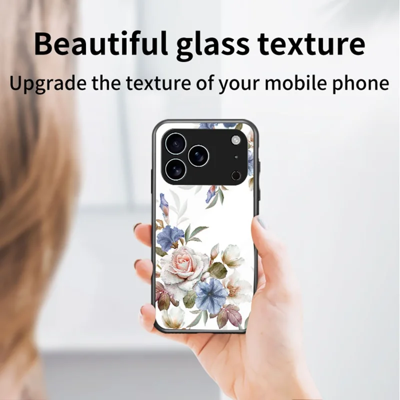 For iPhone 17 Pro Max Case Floral Pattern TPU + Tempered Glass Protective Phone Cover - White Flower Bush