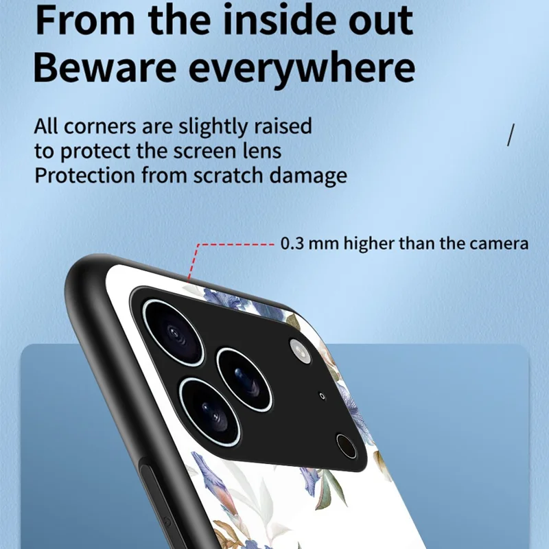 For iPhone 17 Pro Max Case Floral Pattern TPU + Tempered Glass Protective Phone Cover - White Flower Bush