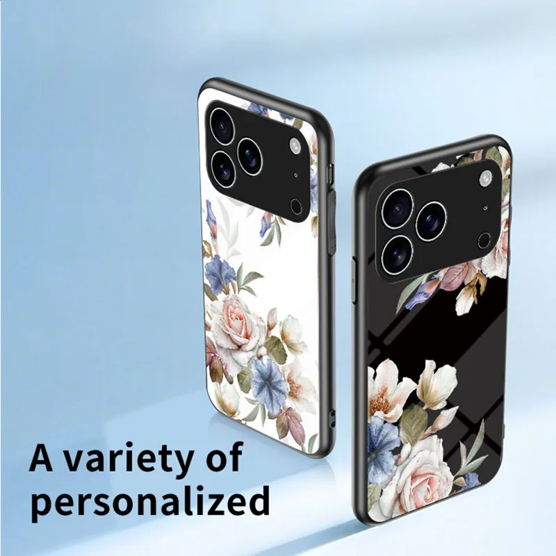 For iPhone 17 Pro Max Case Floral Pattern TPU + Tempered Glass Protective Phone Cover - White Flower Bush