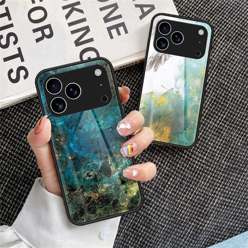 iPhone 17 Pro Max Hülle Marmorstruktur Gehärtetes Glas+PC+TPU Schutzhülle - Fliegender Tauben-Marmor
