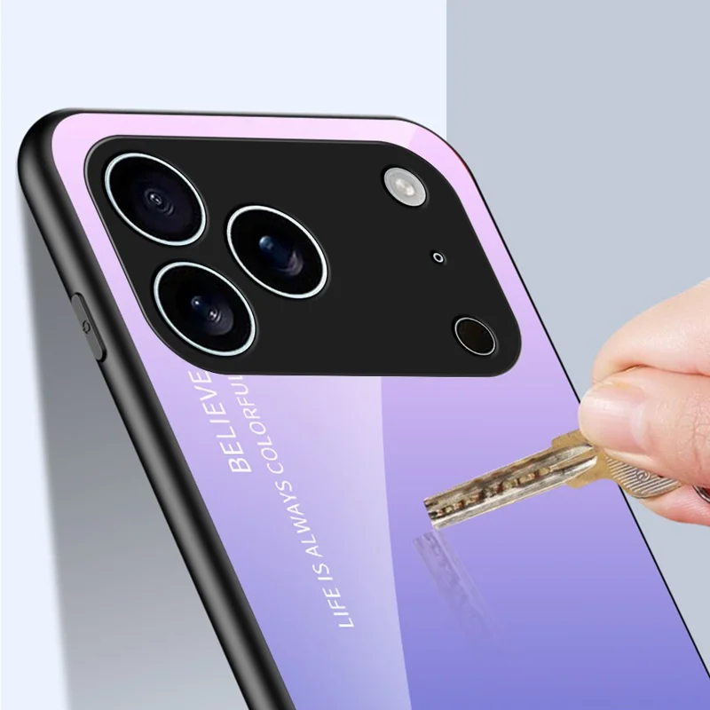 For iPhone 17 Pro Case Anti-Scratch Tempered Glass + PC + TPU Phone Cover - Gradient Pink Blue