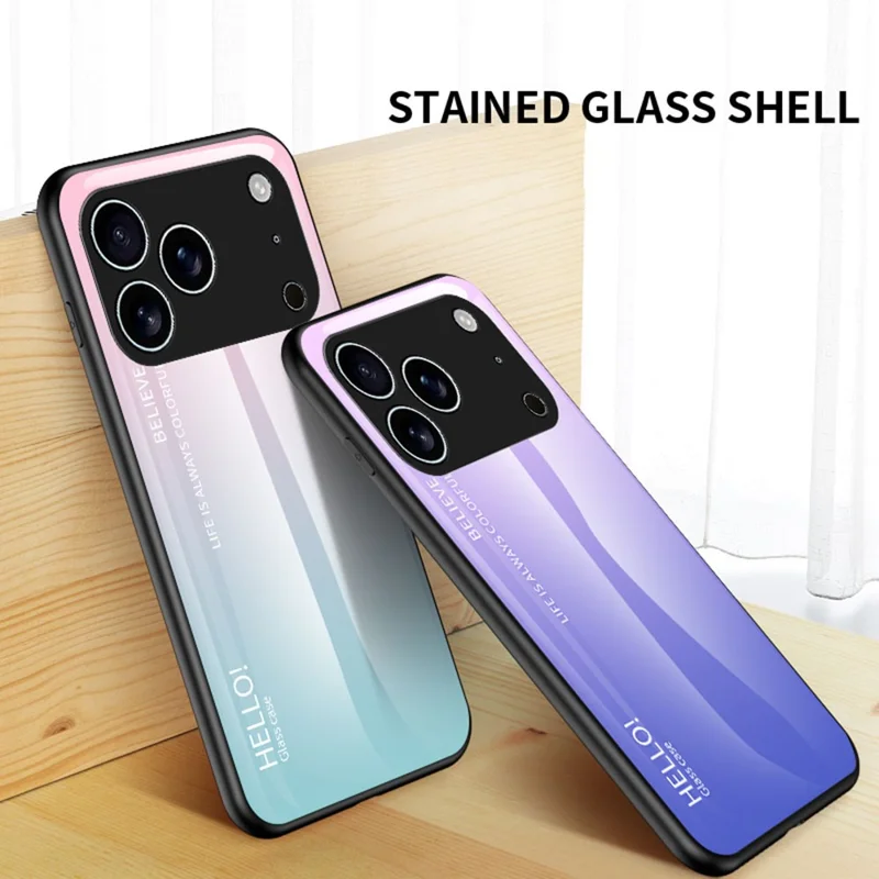 For iPhone 17 Pro Case Anti-Scratch Tempered Glass + PC + TPU Phone Cover - Gradient Pink Blue