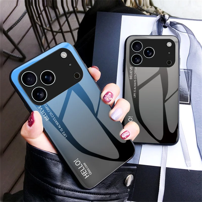 For iPhone 17 Pro Case Anti-Scratch Tempered Glass + PC + TPU Phone Cover - Gradient Pink Blue