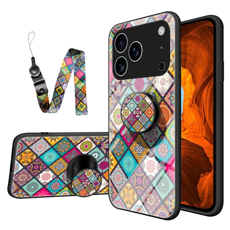 Hoesje voor iPhone 17 Pro met Standaard, Etnisch Patroon, Gehard Glas Telefoonhoesje met Strap - Geblokt Patroon