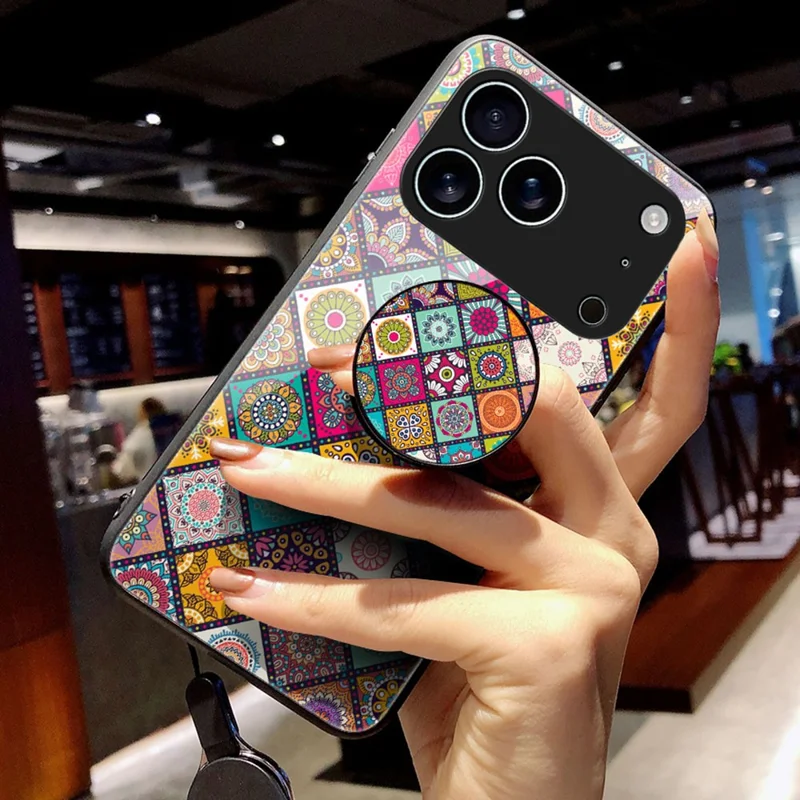 Hoesje voor iPhone 17 Pro met Standaard, Etnisch Patroon, Gehard Glas Telefoonhoesje met Strap - Geblokt Patroon