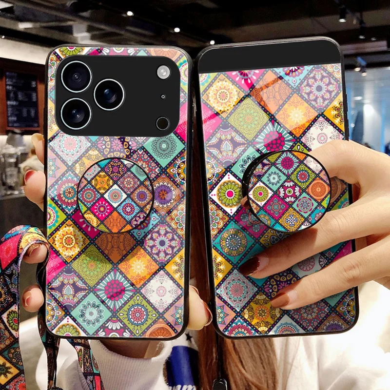 Hoesje voor iPhone 17 Pro met Standaard, Etnisch Patroon, Gehard Glas Telefoonhoesje met Strap - Geblokt Patroon