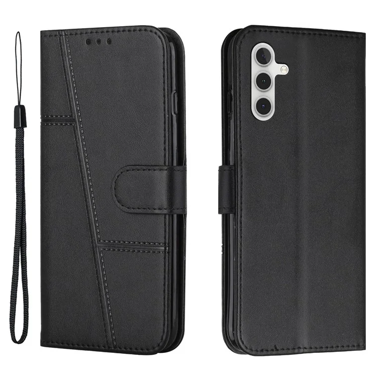 For Samsung Galaxy A14 5G / 4G Stitching PU Leather Magnetic Clasp Phone Case Wallet Viewing Stand Folio Flip Cover with Strap - Black