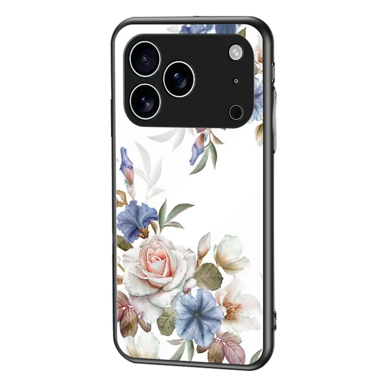 For iPhone 17 Pro Case Floral Pattern TPU + Tempered Glass Protective Phone Cover - White FlowerBush