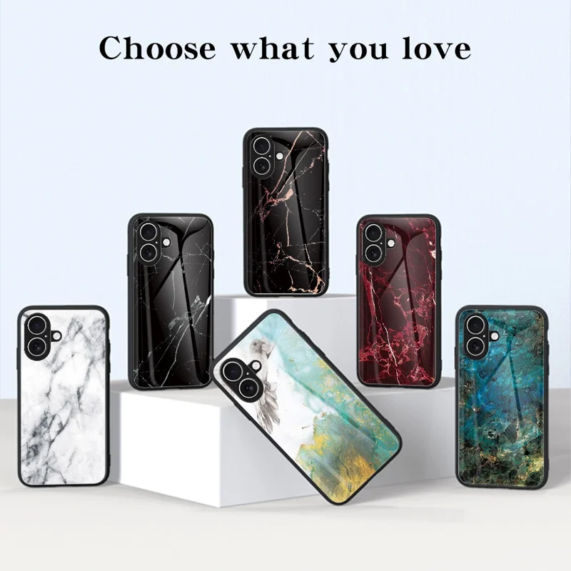 For iPhone 17 Case Marble Pattern Tempered Glass + PC + TPU Protective Phone Cover - White Marble