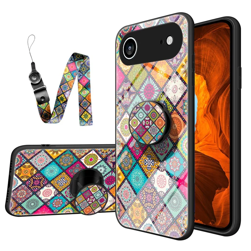 For iPhone Air Case Kickstand Ethnic Pattern Tempered Glass Phone Cover with Strap - Checkered Pattern