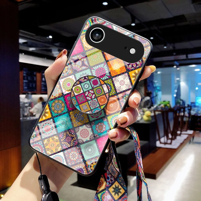 For iPhone Air Case Kickstand Ethnic Pattern Tempered Glass Phone Cover with Strap - Checkered Pattern