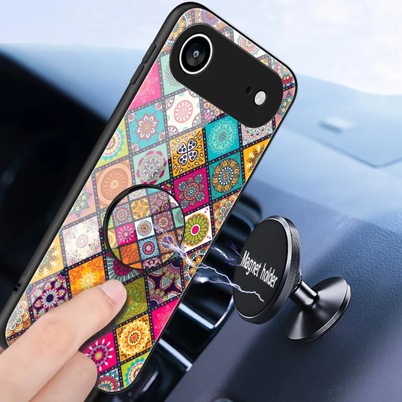 For iPhone Air Case Kickstand Ethnic Pattern Tempered Glass Phone Cover with Strap - Checkered Pattern