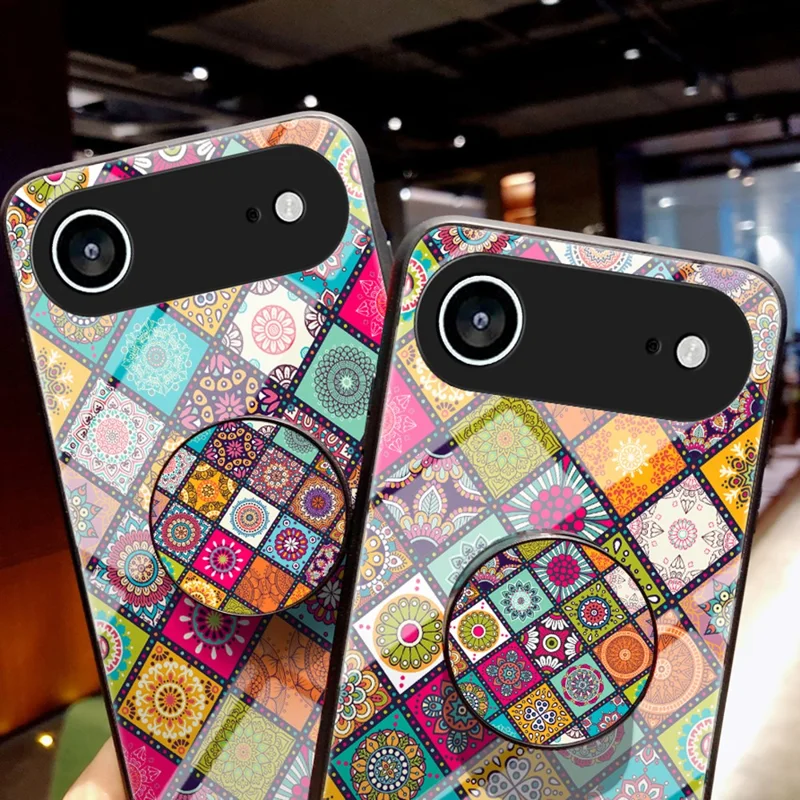For iPhone Air Case Kickstand Ethnic Pattern Tempered Glass Phone Cover with Strap - Checkered Pattern