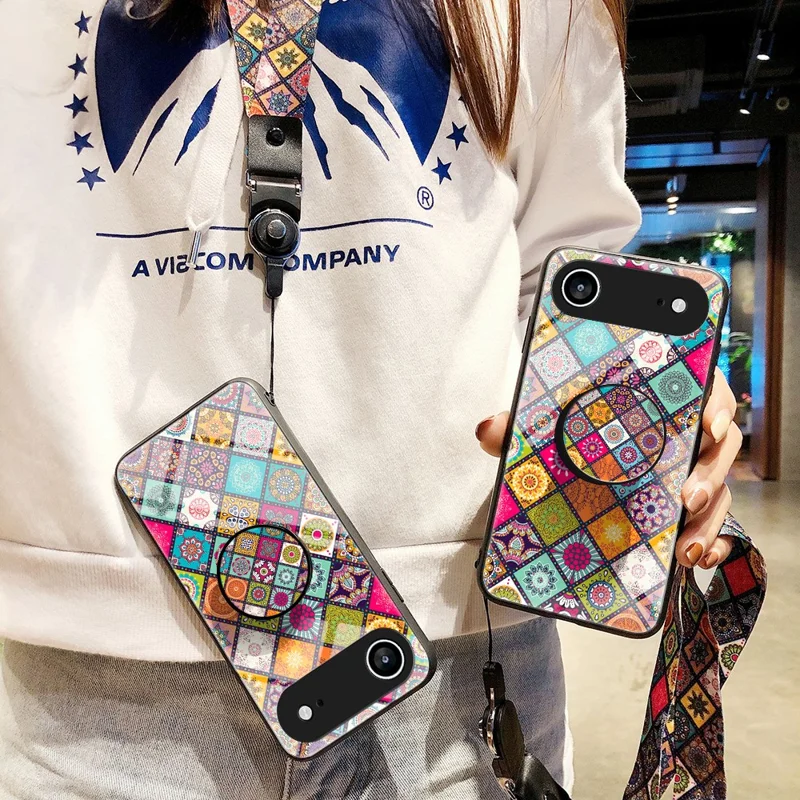 For iPhone Air Case Kickstand Ethnic Pattern Tempered Glass Phone Cover with Strap - Checkered Pattern