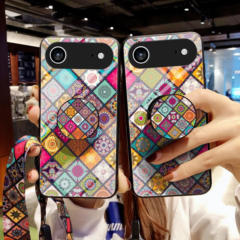 For iPhone Air Case Kickstand Ethnic Pattern Tempered Glass Phone Cover with Strap - Checkered Pattern