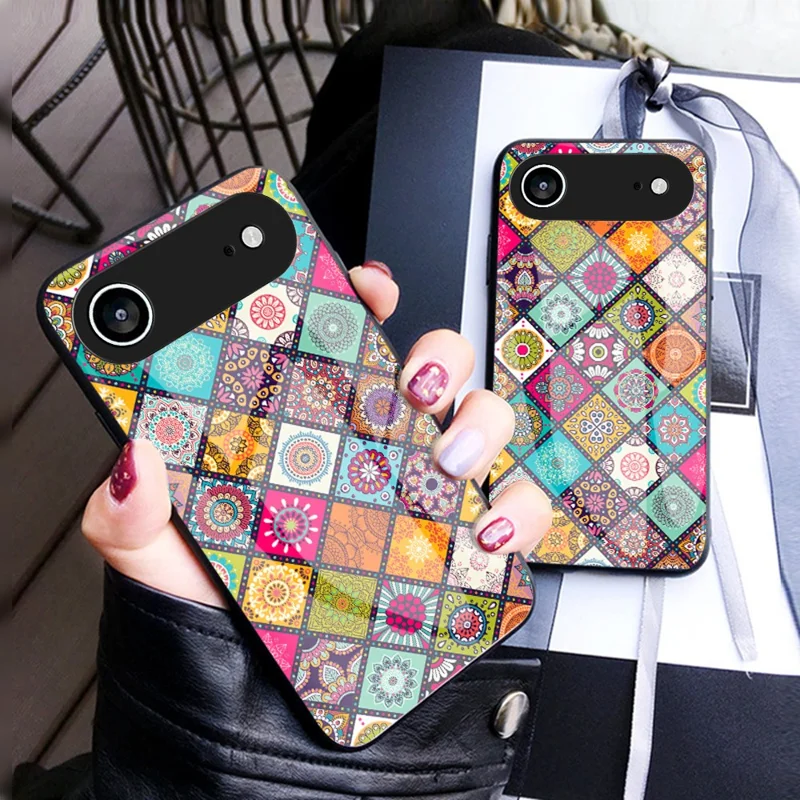 For iPhone Air Case Kickstand Ethnic Pattern Tempered Glass Phone Cover with Strap - Checkered Pattern