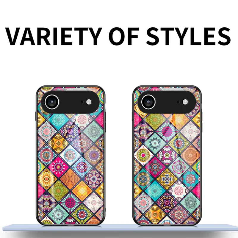 For iPhone Air Case Kickstand Ethnic Pattern Tempered Glass Phone Cover with Strap - Checkered Pattern