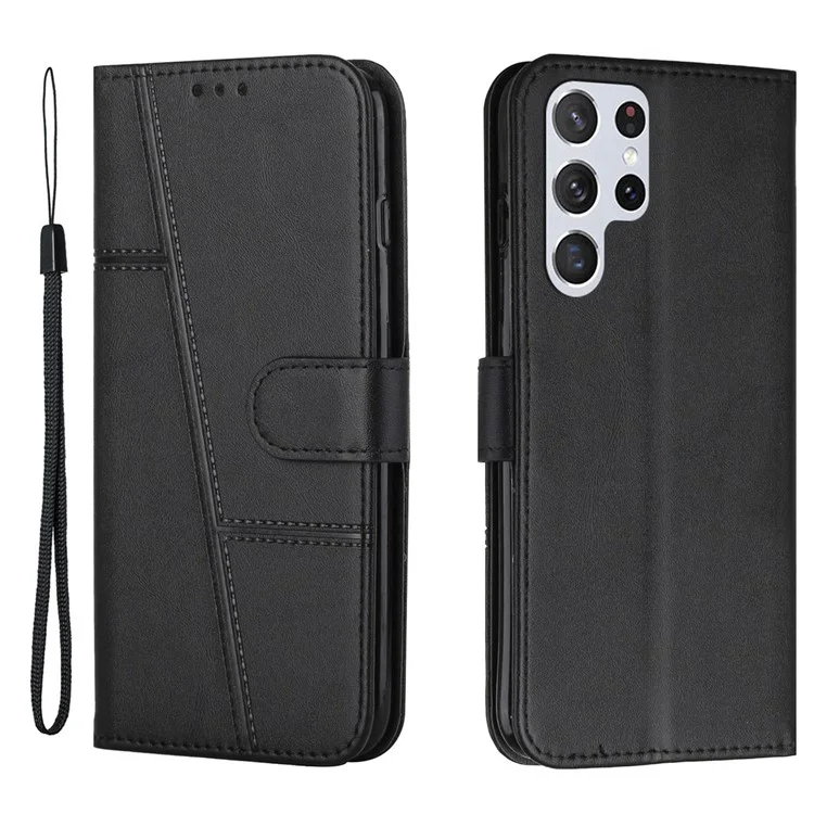 Para Samsung Galaxy S23 Ultra Stitching PU Leather Wallet Case Full Protection Folio Flip Phone Stand Cover with Strap - Black