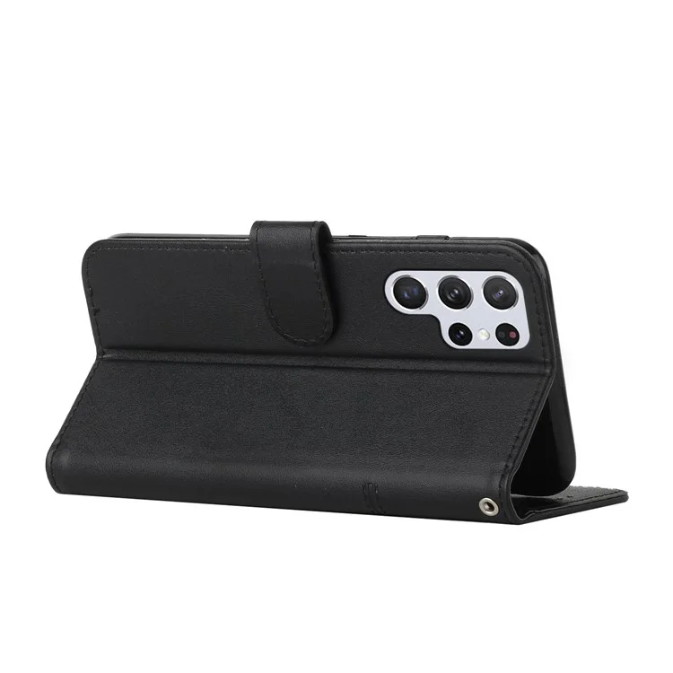 Para Samsung Galaxy S23 Ultra Stitching PU Leather Wallet Case Full Protection Folio Flip Phone Stand Cover with Strap - Black