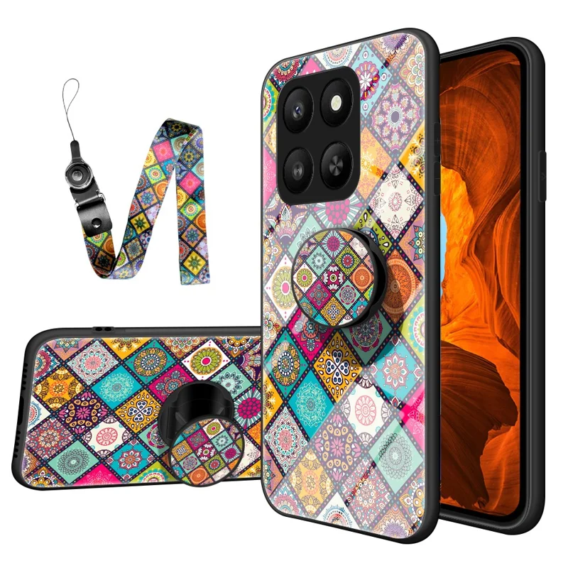 Voor Honor 400 Smart 5G / X7d 4G Hoesje Standaard Etnisch Patroon Gehard Glas Telefoonhoesje met Riempje - Geblokt Patroon