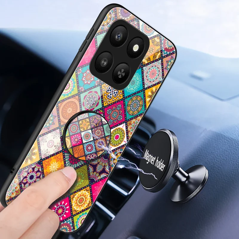 Voor Honor 400 Smart 5G / X7d 4G Hoesje Standaard Etnisch Patroon Gehard Glas Telefoonhoesje met Riempje - Geblokt Patroon