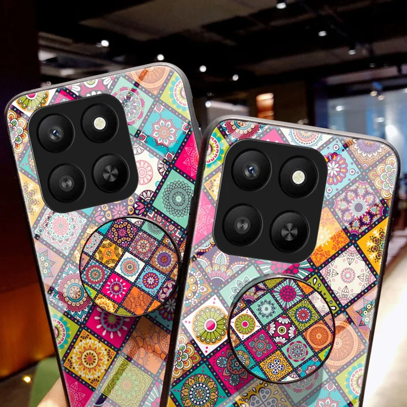 Voor Honor 400 Smart 5G / X7d 4G Hoesje Standaard Etnisch Patroon Gehard Glas Telefoonhoesje met Riempje - Geblokt Patroon