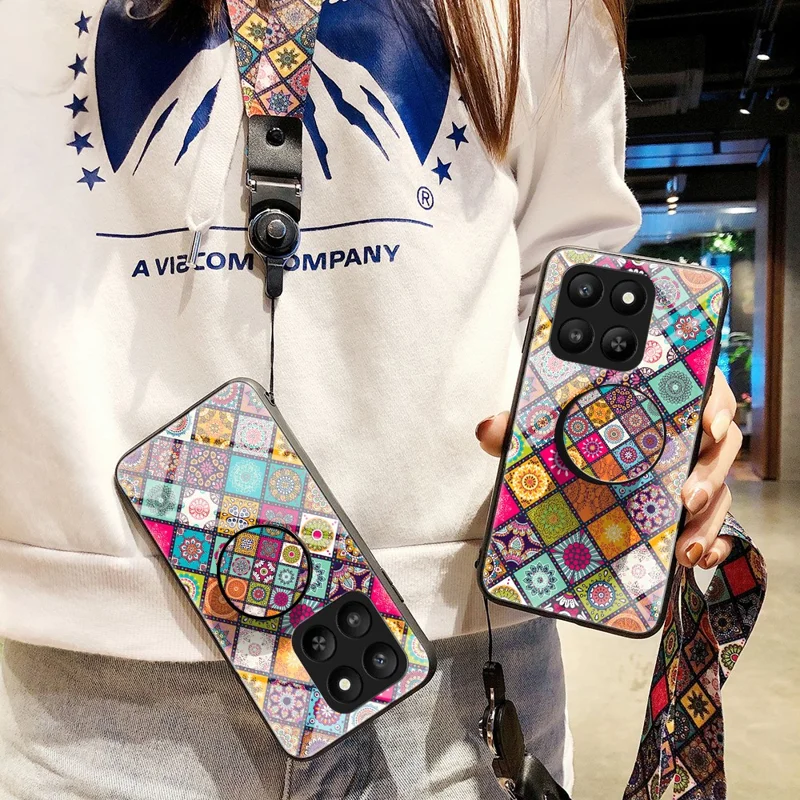 Voor Honor 400 Smart 5G / X7d 4G Hoesje Standaard Etnisch Patroon Gehard Glas Telefoonhoesje met Riempje - Geblokt Patroon