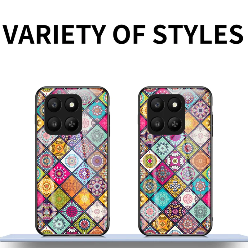 Voor Honor 400 Smart 5G / X7d 4G Hoesje Standaard Etnisch Patroon Gehard Glas Telefoonhoesje met Riempje - Geblokt Patroon