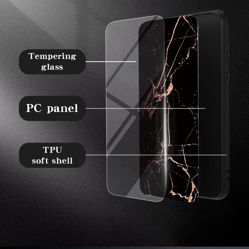 Capa Protetora de Telefone Marble Pattern Tempered Glass+PC+TPU para Honor 400 Smart 5G / 400 Smart 4G / X7d 4G - Mármore Dourado Preto