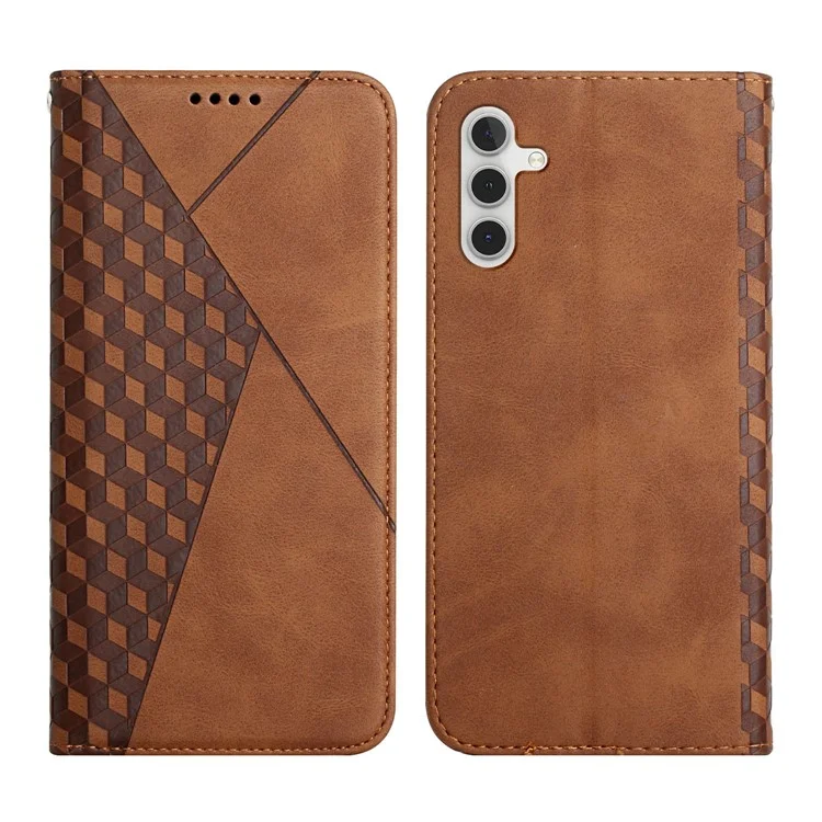 For Samsung Galaxy A14 5G / 4G Imprinted Rhombus Pattern Skin-touch Leather Case Magnetic Auto-absorbed Phone Cover with Wallet Stand - Brown