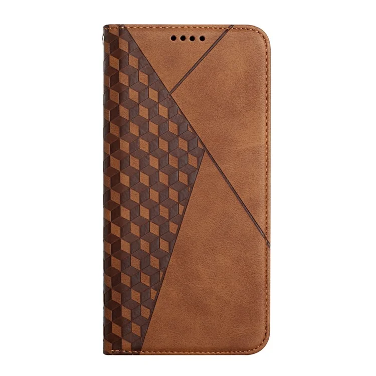 For Samsung Galaxy A14 5G / 4G Imprinted Rhombus Pattern Skin-touch Leather Case Magnetic Auto-absorbed Phone Cover with Wallet Stand - Brown