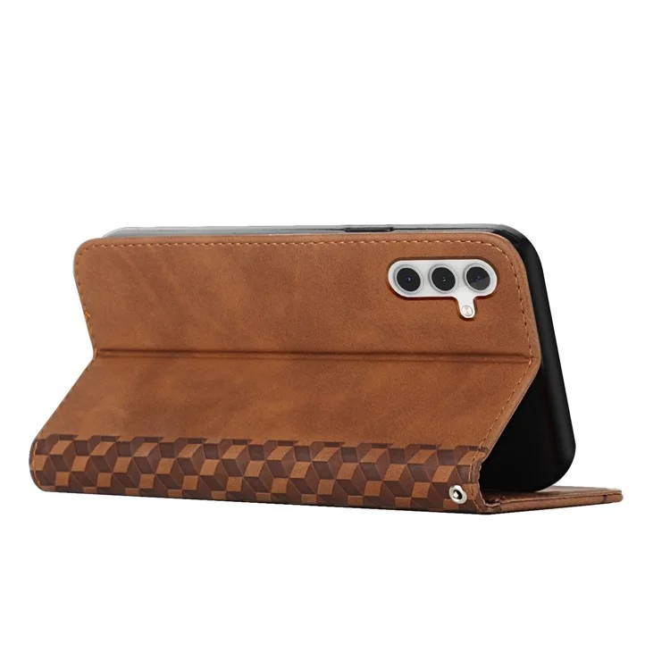 For Samsung Galaxy A14 5G / 4G Imprinted Rhombus Pattern Skin-touch Leather Case Magnetic Auto-absorbed Phone Cover with Wallet Stand - Brown