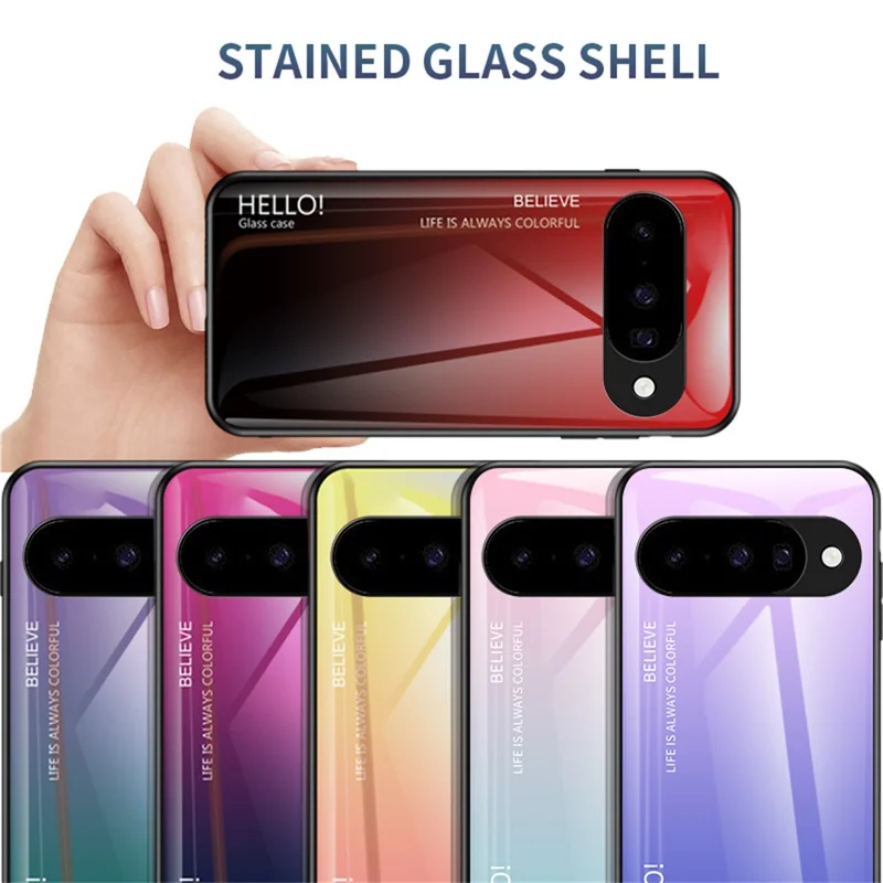 For Google Pixel 10 Case Anti-Scratch Tempered Glass + PC + TPU Phone Cover - Gradient Pink Blue