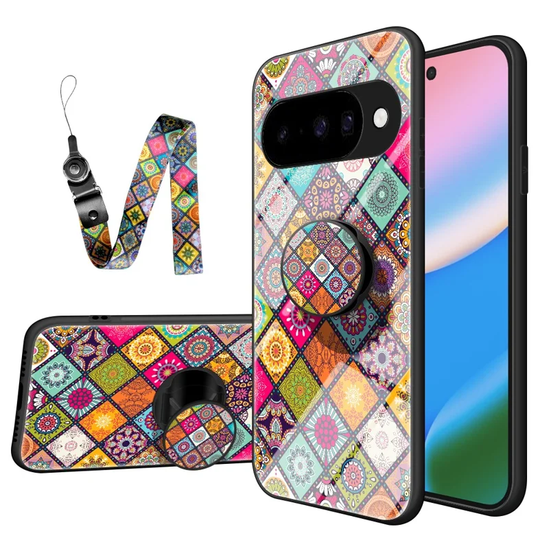 For Google Pixel 10 Case Kickstand Ethnic Pattern Tempered Glass Phone Cover with Strap - Color Pattern