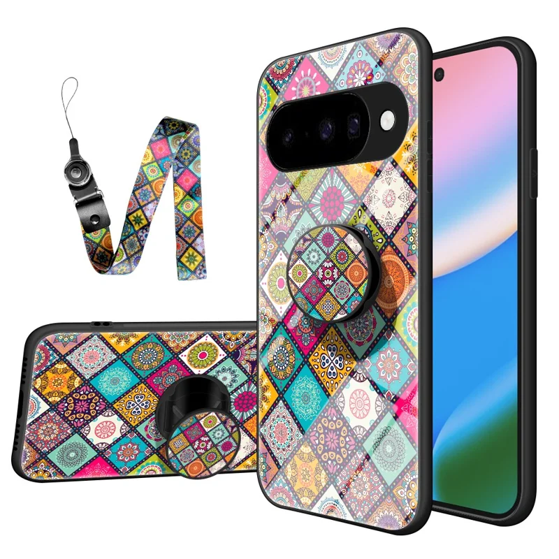 For Google Pixel 10 Case Kickstand Ethnic Pattern Tempered Glass Phone Cover with Strap - Checkered Pattern