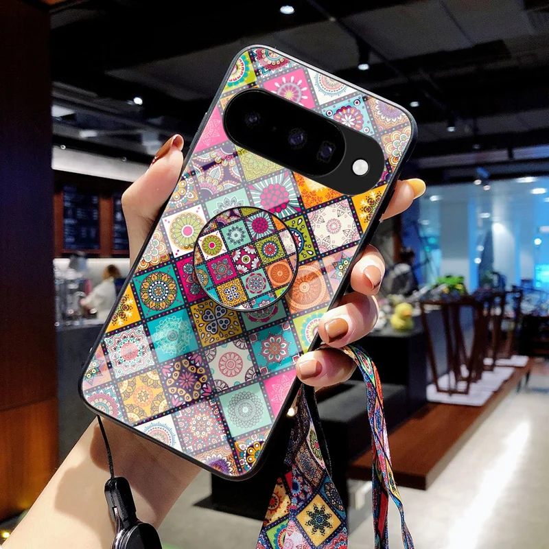 For Google Pixel 10 Case Kickstand Ethnic Pattern Tempered Glass Phone Cover with Strap - Checkered Pattern