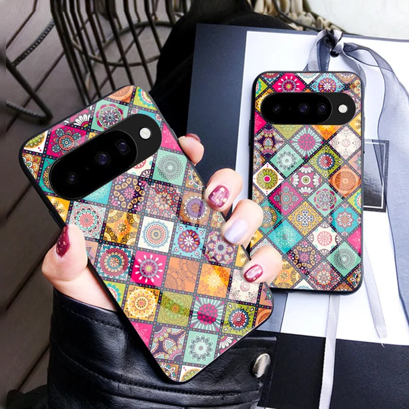 For Google Pixel 10 Case Kickstand Ethnic Pattern Tempered Glass Phone Cover with Strap - Checkered Pattern
