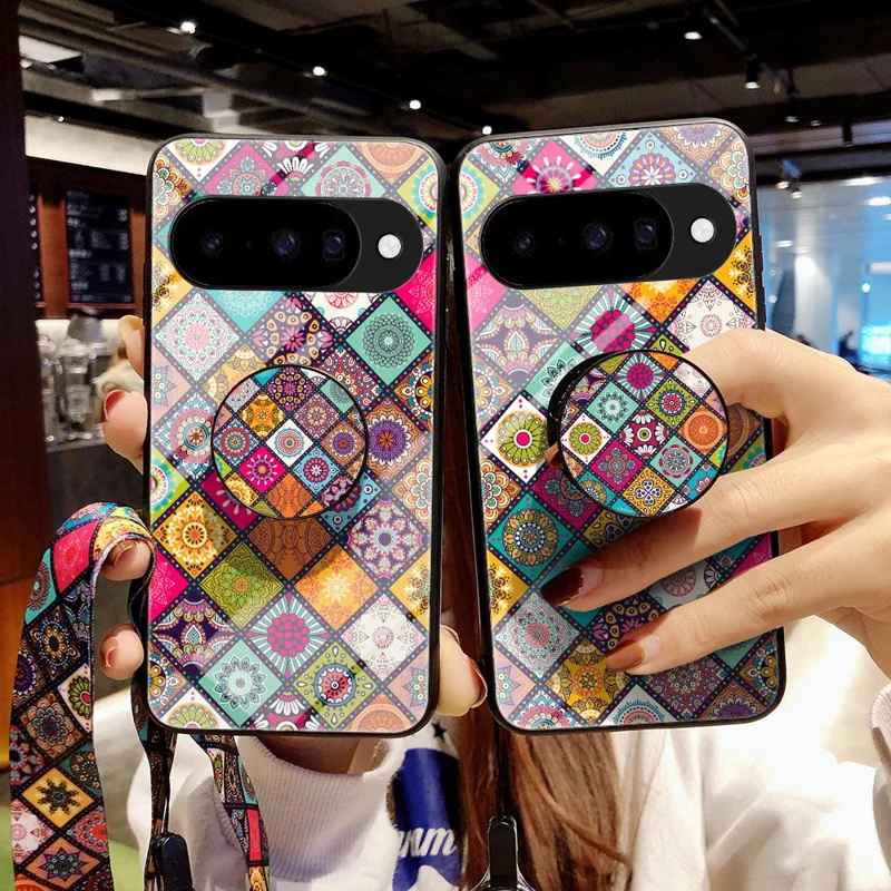 For Google Pixel 10 Case Kickstand Ethnic Pattern Tempered Glass Phone Cover with Strap - Checkered Pattern