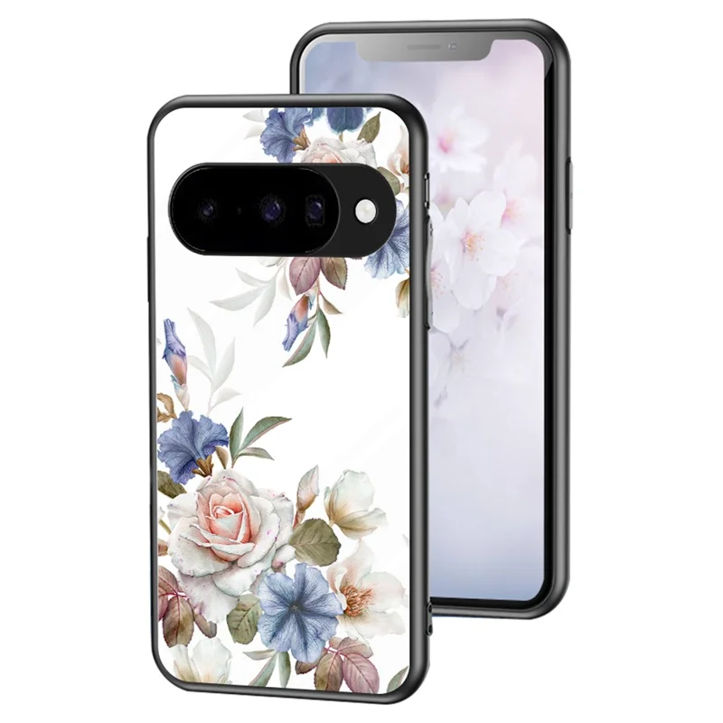 For Google Pixel 10 Case Floral Pattern TPU + Tempered Glass Protective Phone Cover - White Flower Bush